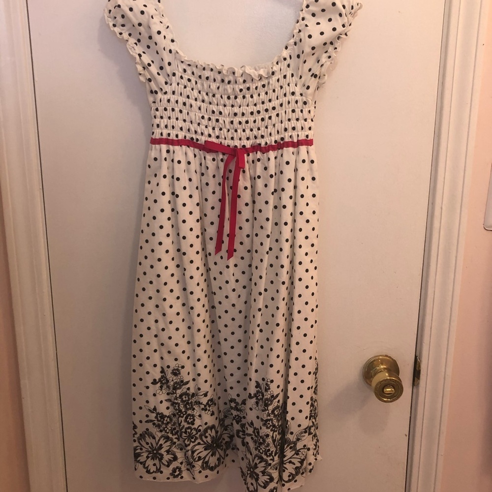 Black and White Polka Dot Dress with a Pink Ribbon